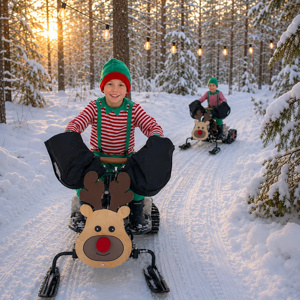 Lasten Rudolf-minikelkat Santa Forestin lumisessa metsässä Rovaniemellä