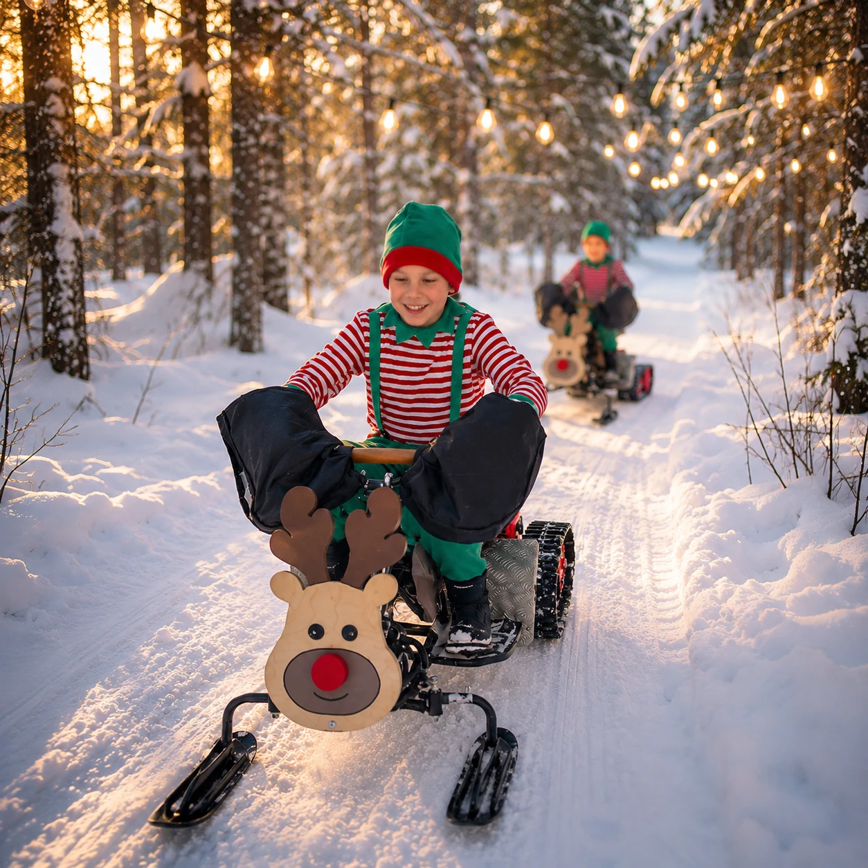 Illuminated snowy forest at Santa Forest Sonka Rovaniemi