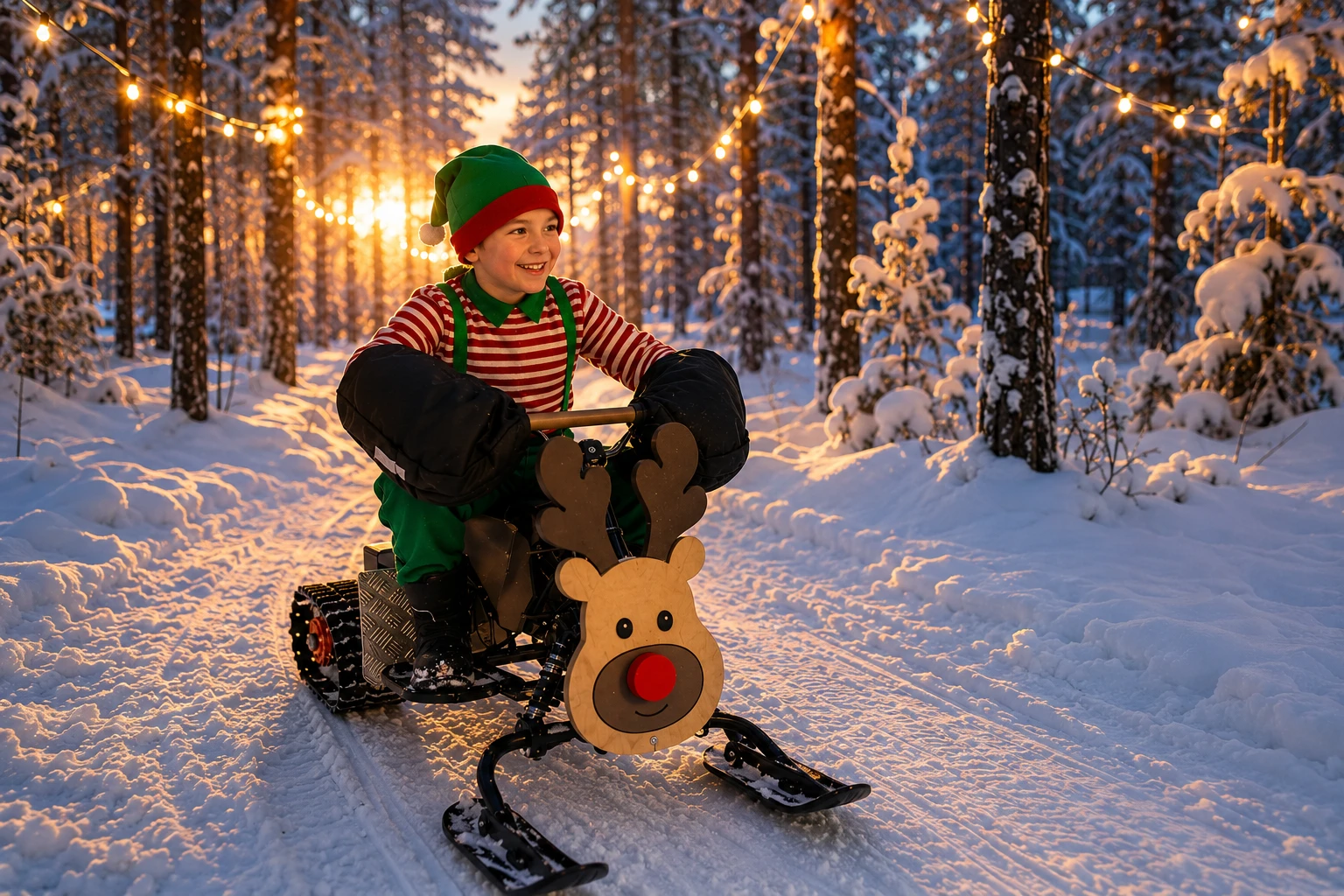Children’s mini snowmobiles decorated as Santa’s reindeer on a safe track