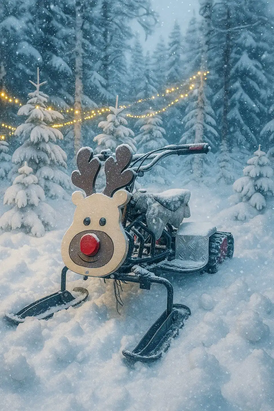 Enfant conduisant un renne mécanique électrique sur neige à Santa Forest, Rovaniemi.