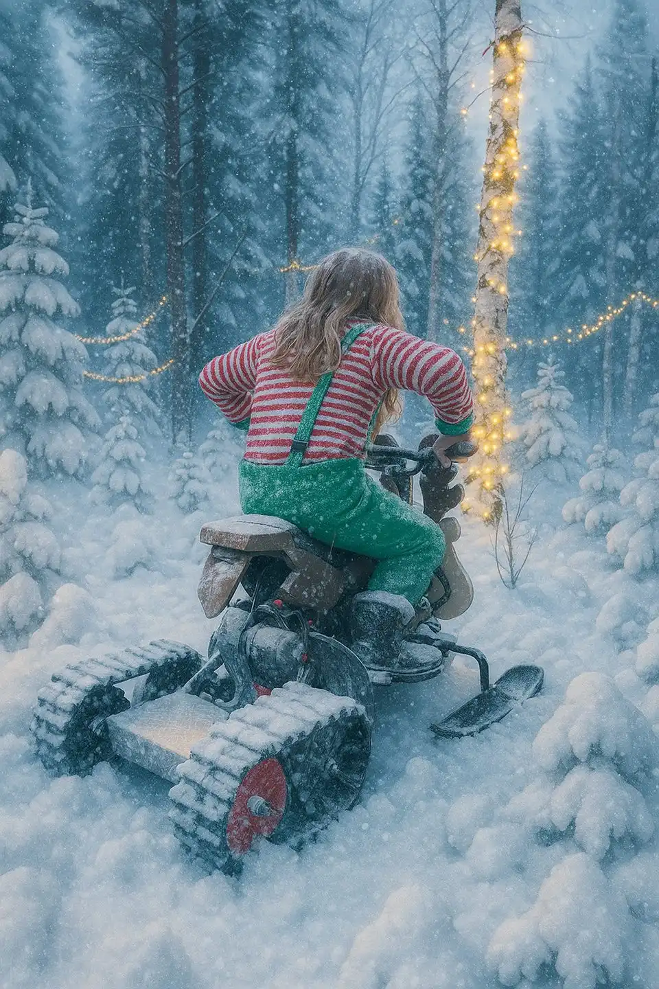 Motoneige enfant décorée en renne avec guirlandes lumineuses dans la forêt enneigée à Santa Forest.