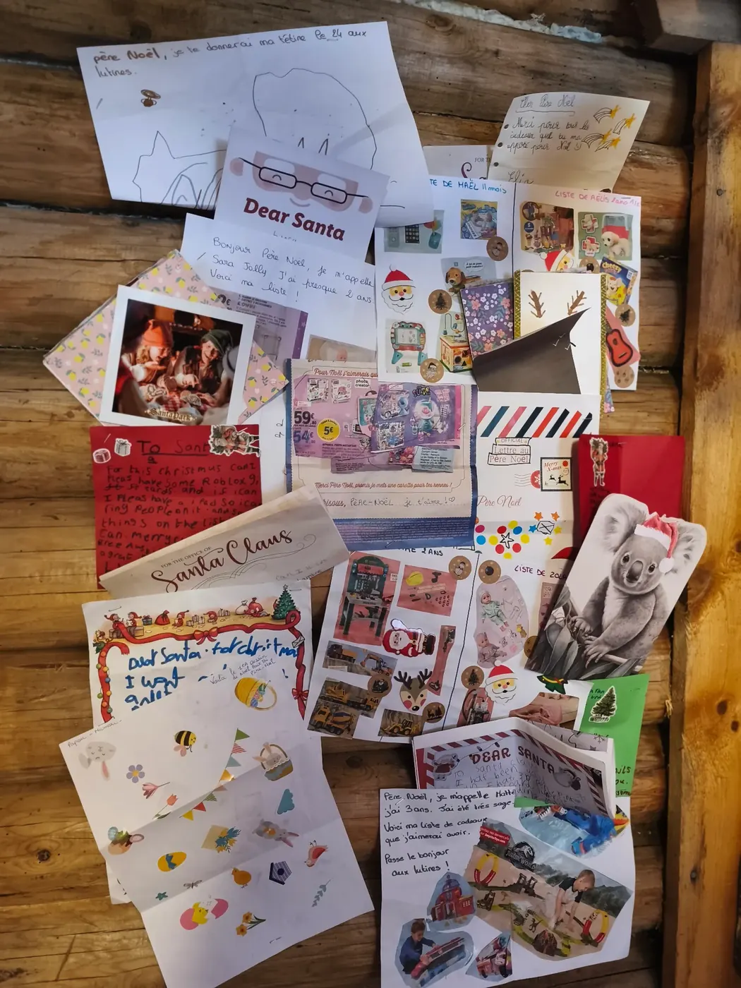 Children’s letters and drawings inside Santa’s cabin at Santa Forest